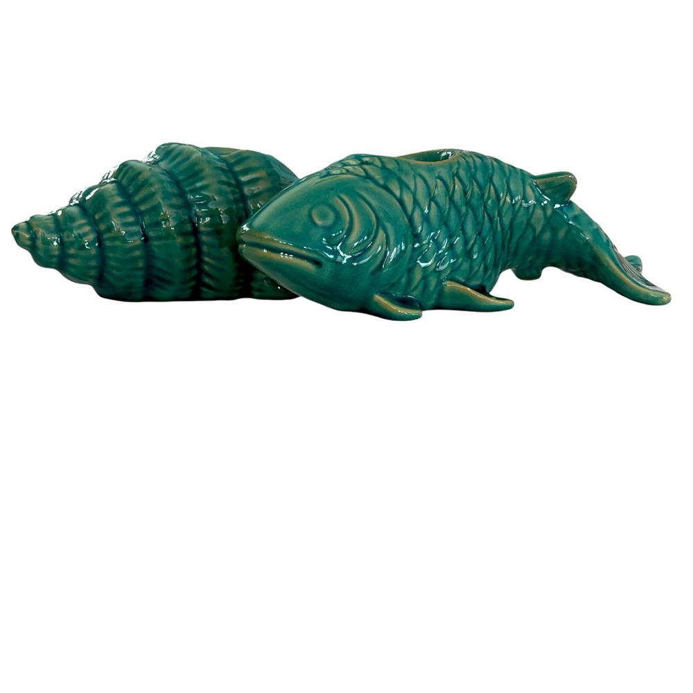 Turquoise Teal Ceramic Fish Shell Figurines Tea Light Candle Holders Set of Two